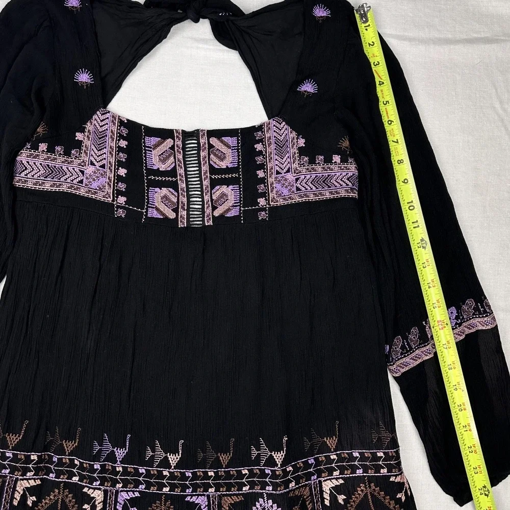Free People‎ Black Embroidered Mini Dress Small Long Sleeve Open Back Boho